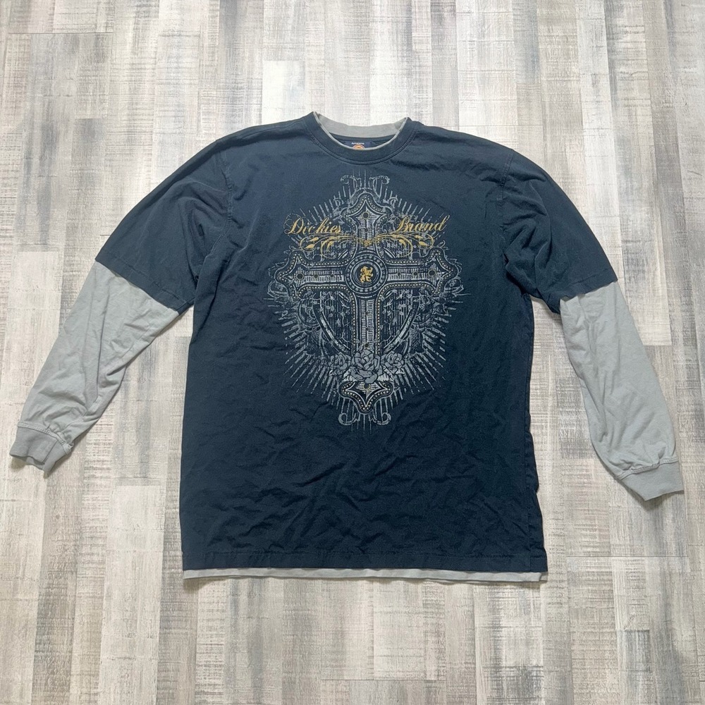 Dickies Men's Y2K Grunge Thermal Long Sleeve Graphic Tee Navy Gray Rock Large